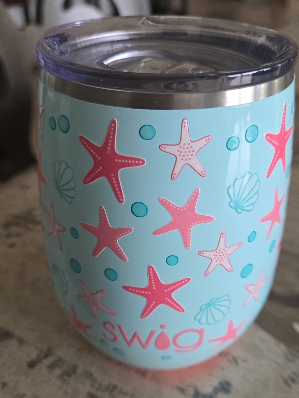 Swig Life 12 oz. Insulated Wine Tumbler - Pink & Blue Starfish & Shells, NWOT